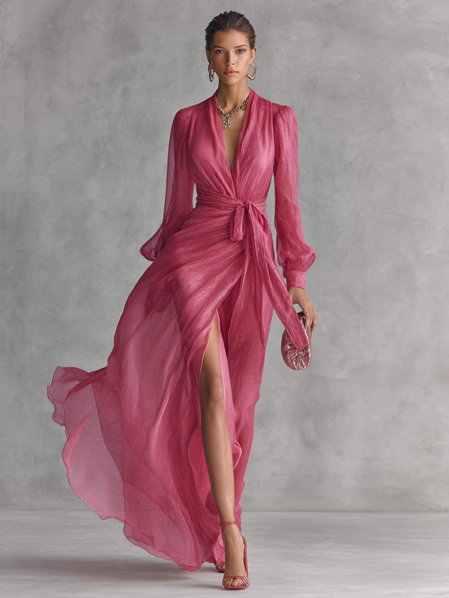 Roze Chiffon Jurk V-Hals
