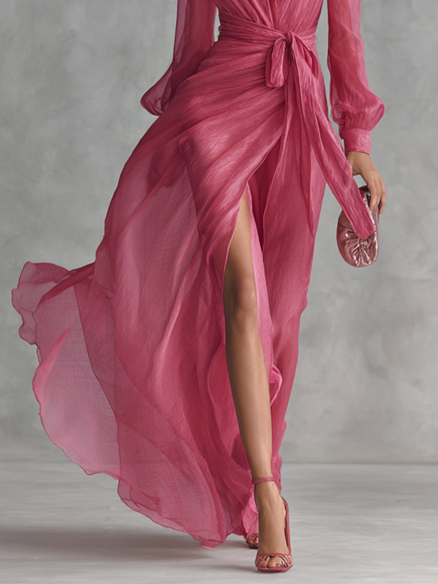 Roze Chiffon Jurk V-Hals