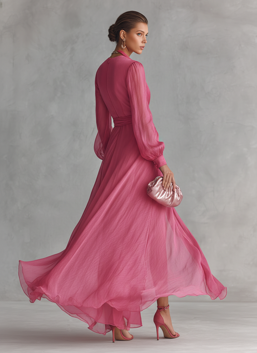 Roze Chiffon Jurk V-Hals